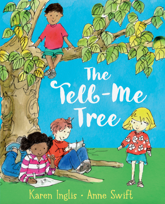 Children sitting below a tree talking, reading and drawing, with one little boy sitting up on the tree branch